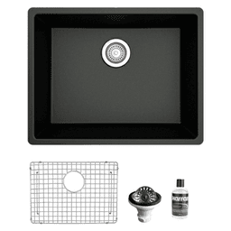 QU-820 Quartz Undermount Single Bowl Kitchen Sink Kit, 24-3/8" x 19-1/8" x 9", Black
