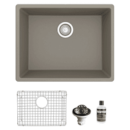 QU-820 Quartz Undermount Single Bowl Kitchen Sink Kit, 24-3/8" x 19-1/8" x 9", Concrete