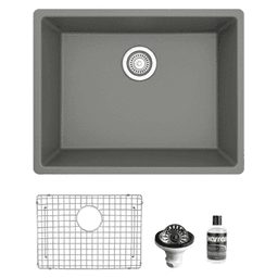 QU-820 Quartz Undermount Single Bowl Kitchen Sink Kit, 24-3/8" x 19-1/8" x 9", Gray