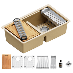Quartz Undermount Double Equal 50/50 Bowl Workstation Kitchen Sink Kit, 32-1/2" x 19-1/4" x 9", Bisque