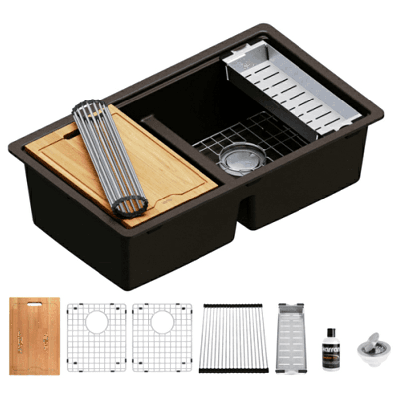Quartz Undermount Double Equal 50/50 Bowl Workstation Kitchen Sink Kit, 32-1/2" x 19-1/4" x 9", Brown