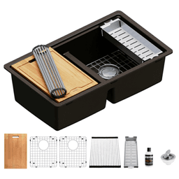 Quartz Undermount Double Equal 50/50 Bowl Workstation Kitchen Sink Kit, 32-1/2" x 19-1/4" x 9", Brown
