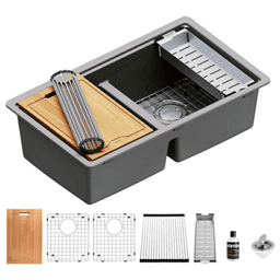 Quartz Undermount Double Equal 50/50 Bowl Workstation Kitchen Sink Kit, 32-1/2" x 19-1/4" x 9", Concrete