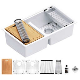 Quartz Undermount Double Equal 50/50 Bowl Workstation Kitchen Sink Kit, 32-1/2" x 19-1/4" x 9", White