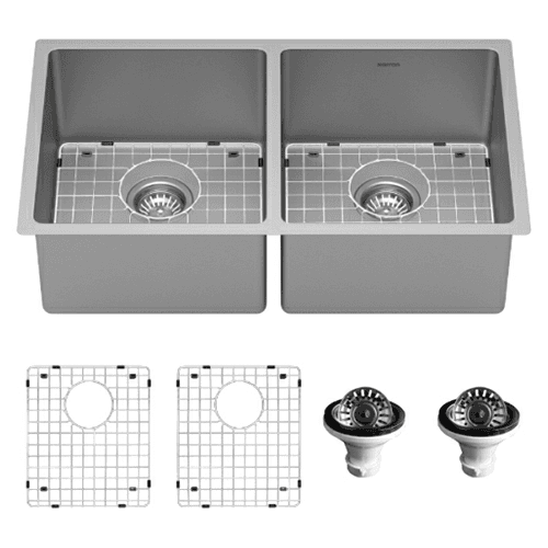 Select Stainless Steel Undermount 16G 50/50 Double Equal Bowl Kitchen Sink Kit, 32" x 18" x 9-1/2"