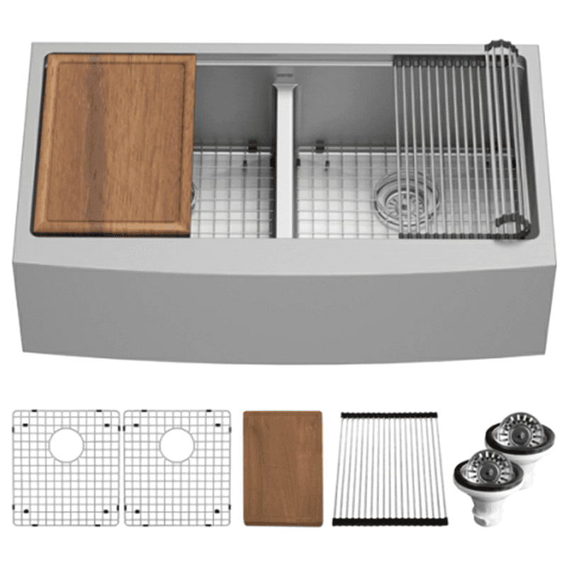 Elite Stainless Steel Farmhouse/Apron Front 16G Double Bowl Workstation Sink Kit, 36" x 21" x 10"