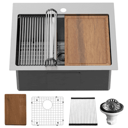 Elite Stainless Steel Top-Mount 16G Single Bowl Workstation Kitchen Sink Kit, 25" x 22" x 10"