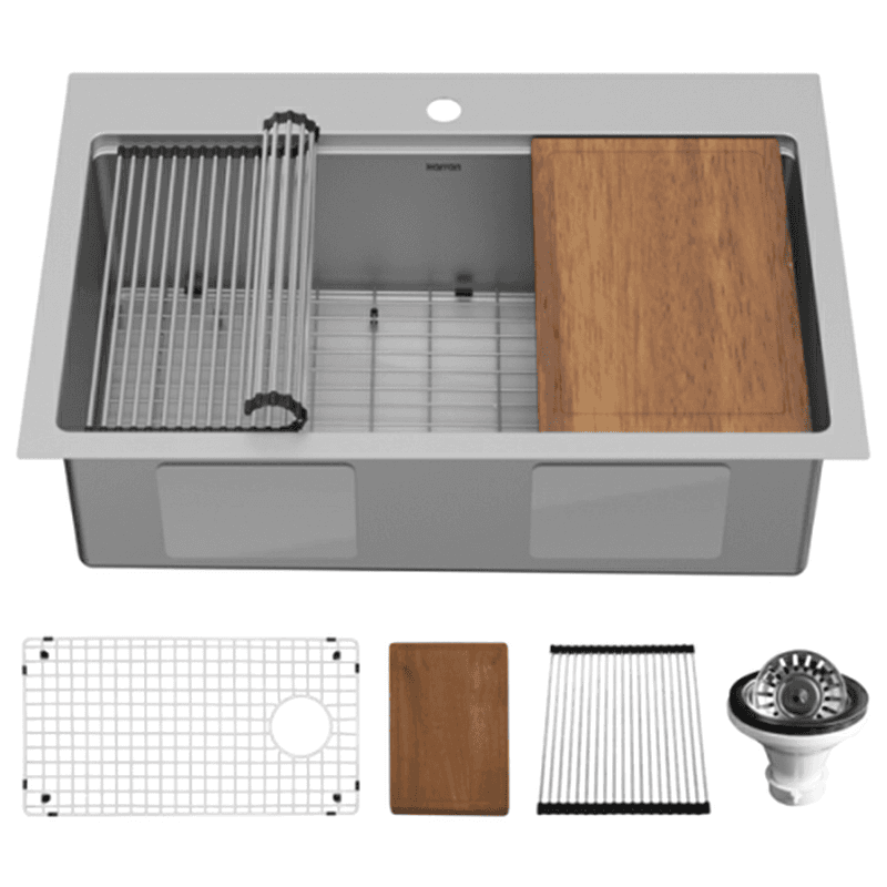 Elite Stainless Steel Top-Mount Single Bowl Workstation Kitchen Sink Kit with Right Drain, 33" x 22" x 10"