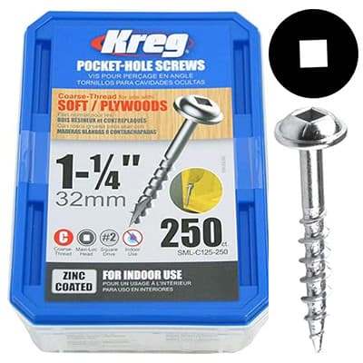 #8 x 1-1/4" Maxi-Loc Head Face Frame/Pocket-Hole Screw, Square Drive Coarse Thread and Type 17 Auger Point, Zinc, Box of 2.5 Hundred by Kreg