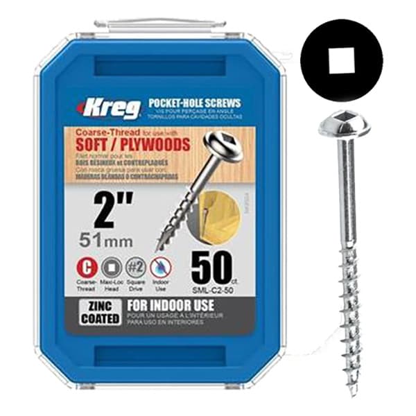 #8 x 2" Maxi-Loc Head Face Frame/Pocket-Hole Screw, Square Drive Coarse Thread and Type 17 Auger Point, Zinc, Box of 50 by Kreg