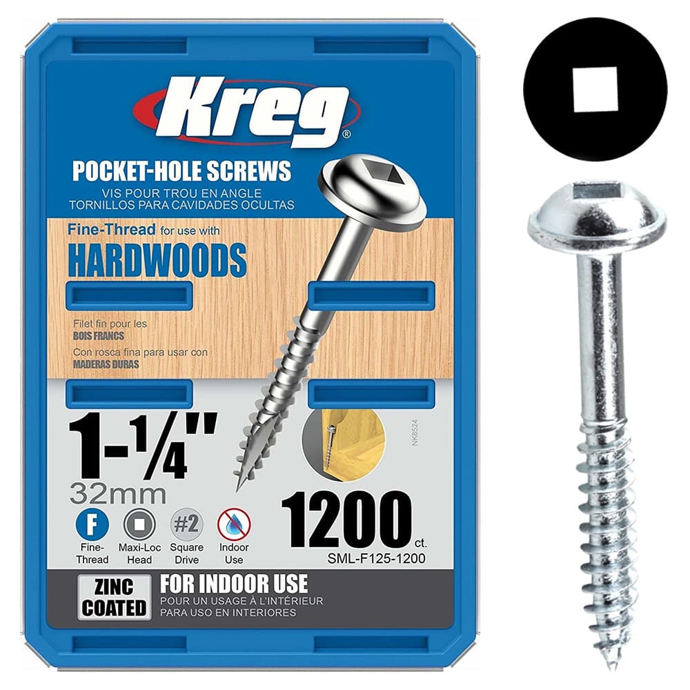 #7 x 1-1/4" Maxi-Loc Head Face Frame/Pocket-Hole Screw, Square Drive Fine Thread and Type 17 Auger Point, Zinc, Box of 1.2 Thousand by Kreg