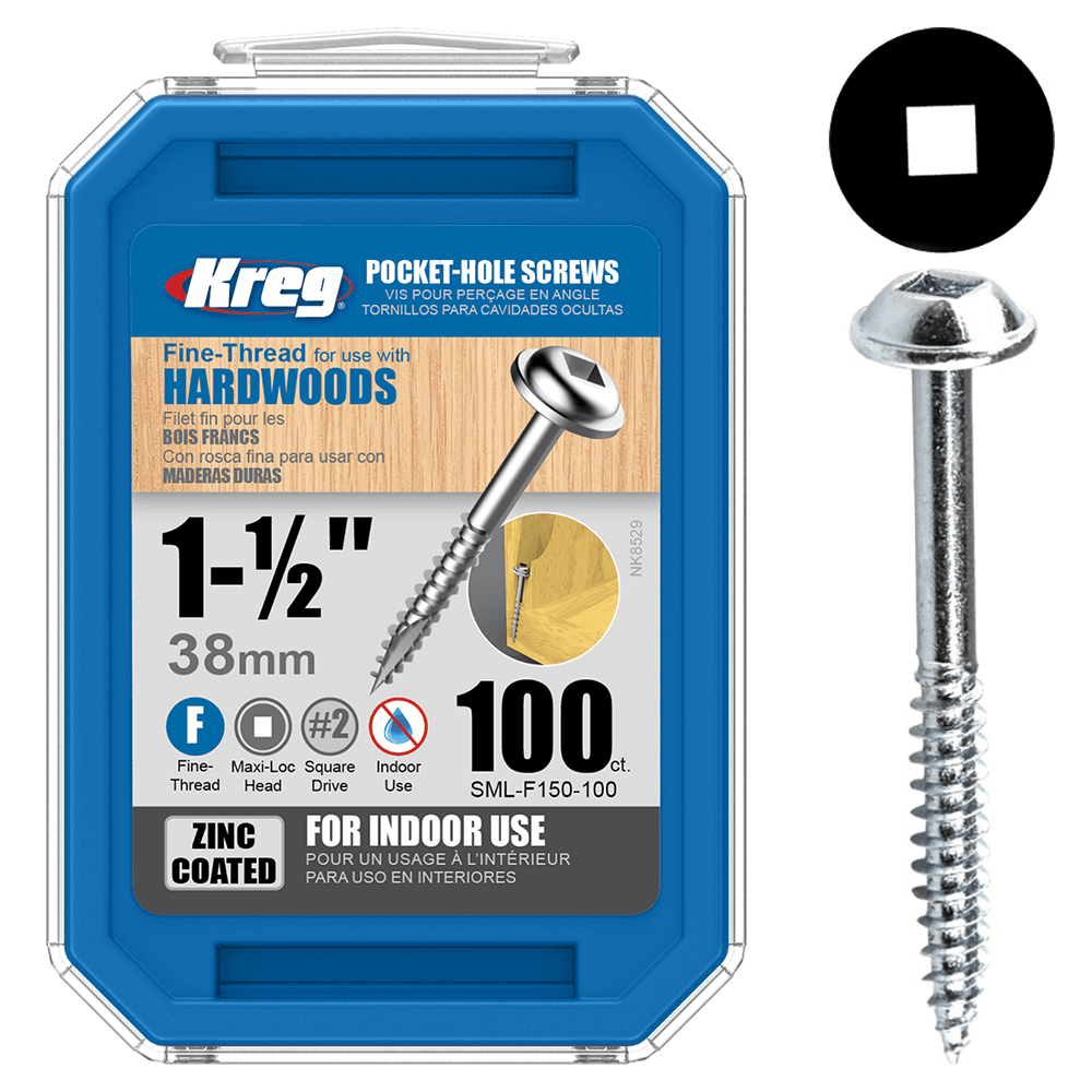 #7 x 1-1/2" Maxi-Loc Head Face Frame/Pocket-Hole Screw, Square Drive Fine Thread and Type 17 Auger Point, Zinc, Box of Hundred by Kreg