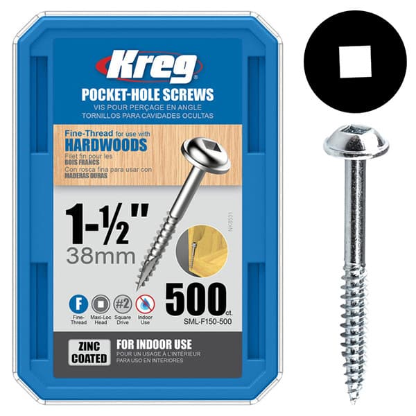 #7 x 1-1/2" Maxi-Loc Head Face Frame/Pocket-Hole Screw, Square Drive Fine Thread and Type 17 Auger Point, Zinc, Box of 5 Hundred by Kreg