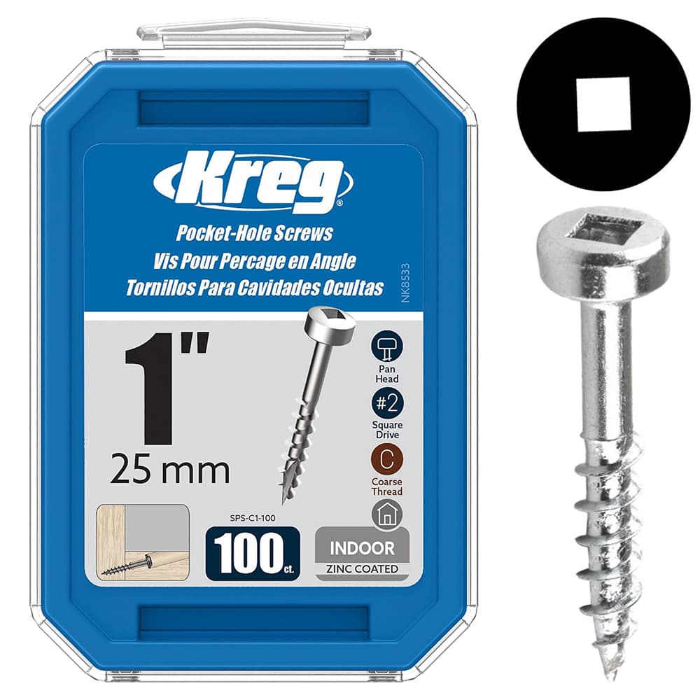 #7 x 1" Modified Pan Head Face Frame/Pocket-Hole Screw, Square Drive Coarse Thread and Type 17 Auger Point, Zinc, Box of Hundred by Kreg