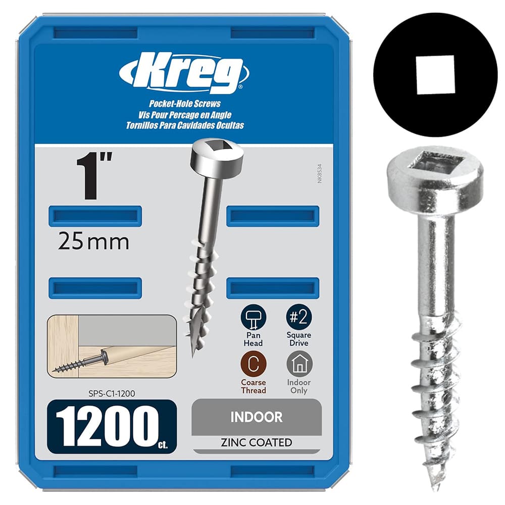 #7 x 1" Modified Pan Head Face Frame/Pocket-Hole Screw, Square Drive Coarse Thread and Type 17 Auger Point, Zinc, Box of 1.2 Thousand by Kreg