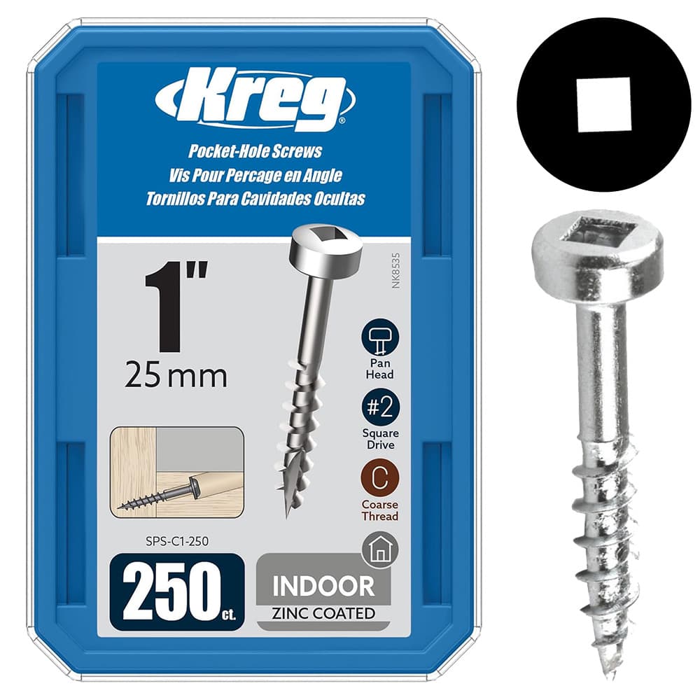 #7 x 1" Modified Pan Head Face Frame/Pocket-Hole Screw, Square Drive Coarse Thread and Type 17 Auger Point, Zinc, Box of 2.5 Hundred by Kreg