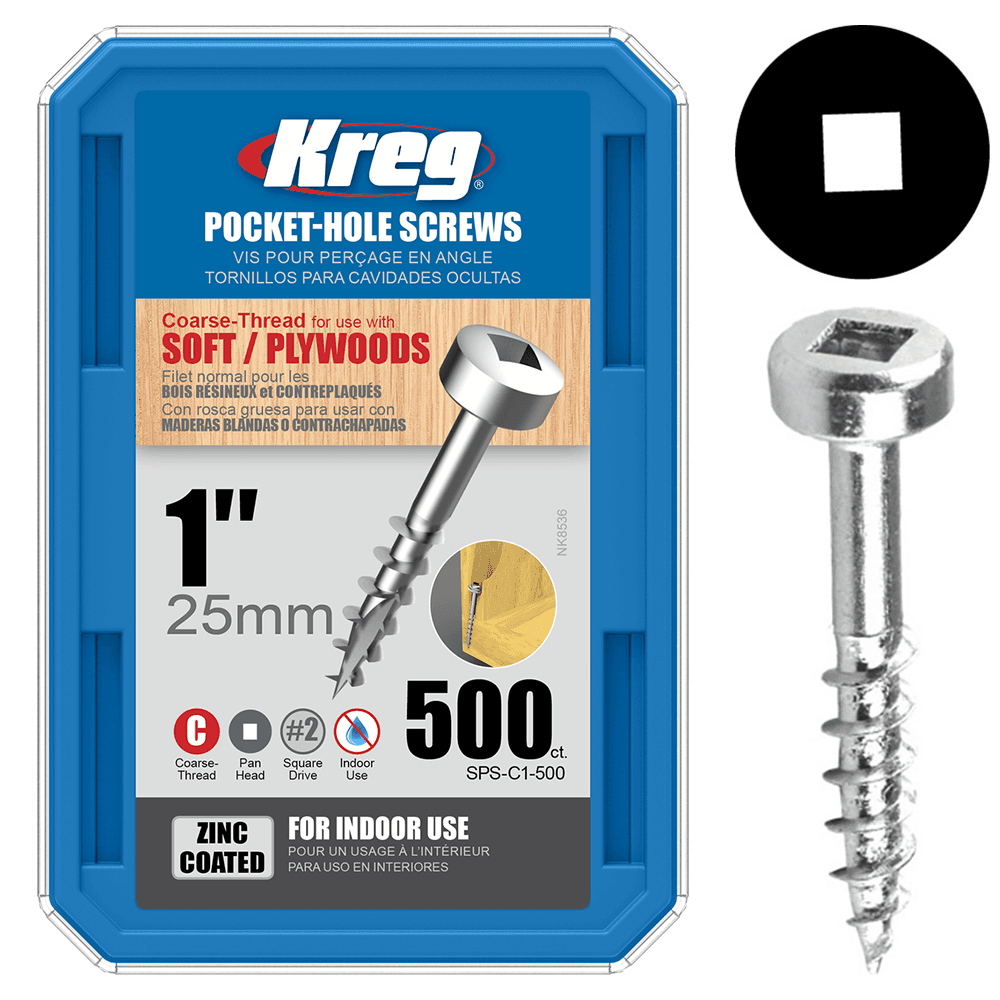 #7 x 1" Modified Pan Head Face Frame/Pocket-Hole Screw, Square Drive Coarse Thread and Type 17 Auger Point, Zinc, Box of 5 Hundred by Kreg