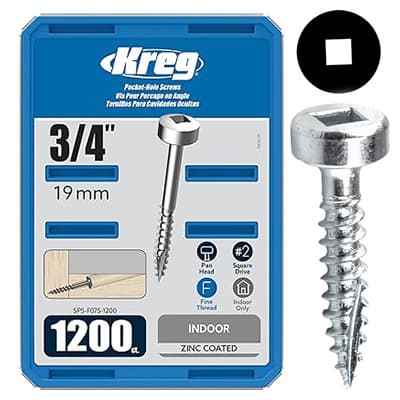 #6 x 3/4" Modified Pan Head Face Frame/Pocket-Hole Screw, Square Drive Fine Thread and Type 17 Auger Point, Zinc, Box of 1.2 Thousand by Kreg