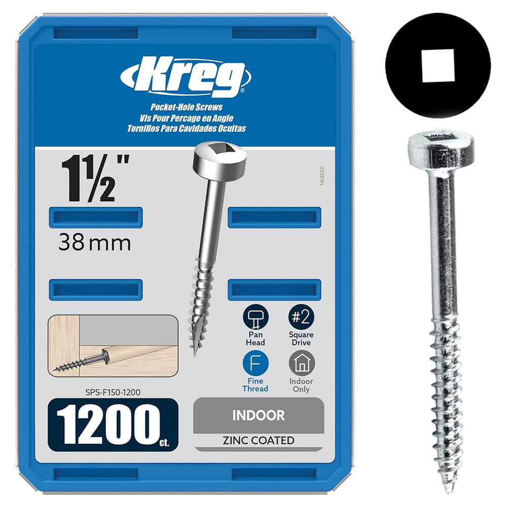 #6 x 1-1/2" Modified Pan Head Face Frame/Pocket-Hole Screw, Square Drive Fine Thread and Type 17 Auger Point, Zinc, Box of 1.2 Thousand by Kreg