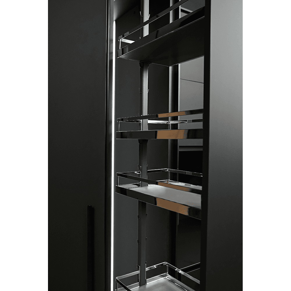 13" 6-Shelf DISPENSA Pantry Pull-Out Kit with Soft-Open/Soft-Close/Arena Plus Style Shelves, Chrome/Anthracite, 74-3/4" - 90-1/2" Height