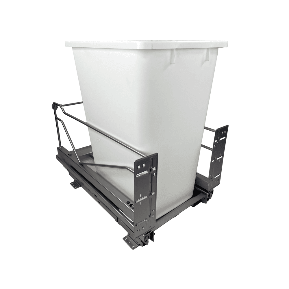 Single 52 QT Bottom-Mount Wastebin Pull-Out Kit with Soft-Open/Soft-Close, Silver/White