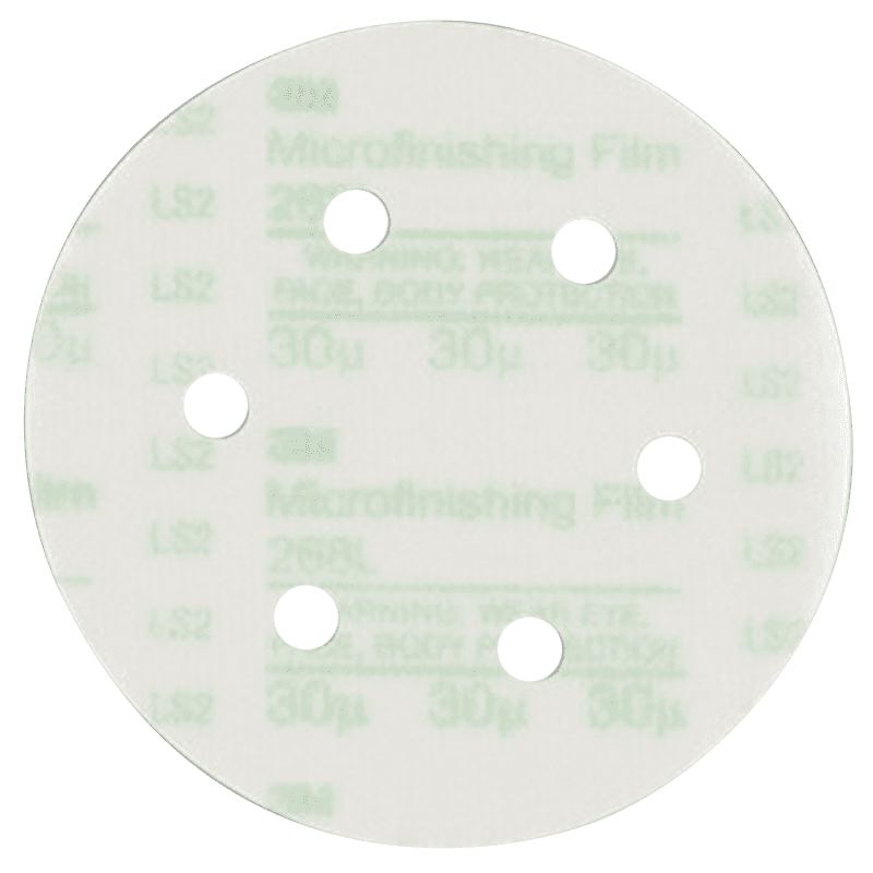 6" Hookit 30 Micron Grit 8 Holes 268L Finishing Film Disc, Aluminum Oxide on Polyester Film