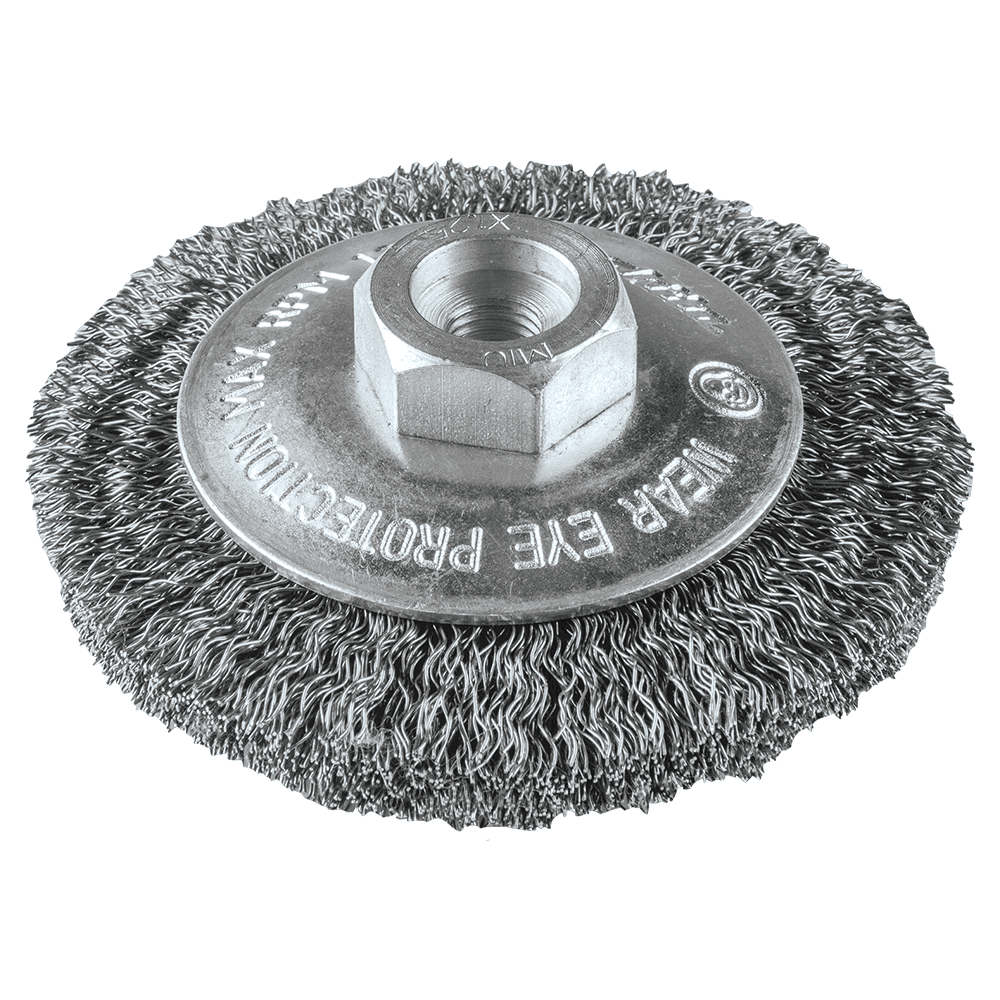 3-3/8" Crimped Wire Bevel Brush, M10 x 1.25 Arbor Hole