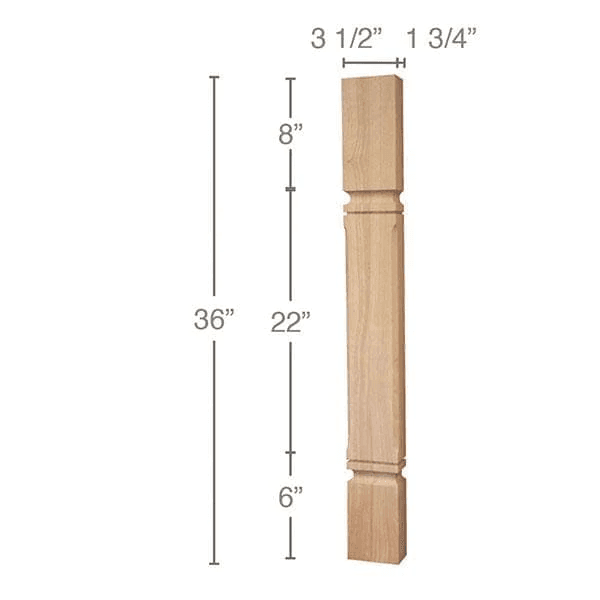 36" x 1-3/4" x 3-1/2" Mission Chamfered Island Split Column, Maple