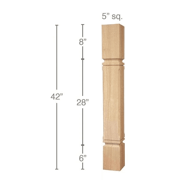 42" x 5" x 5" Mission Chamfered Bar Column, Alder