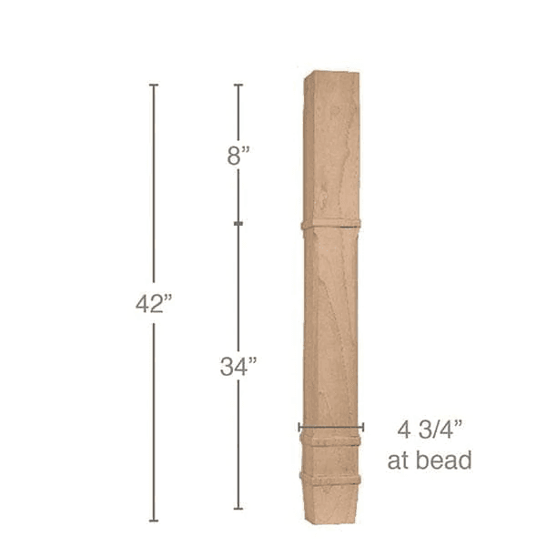 42" x 4-3/4" x 4-3/4" Traditional Square Bar Column, Alder