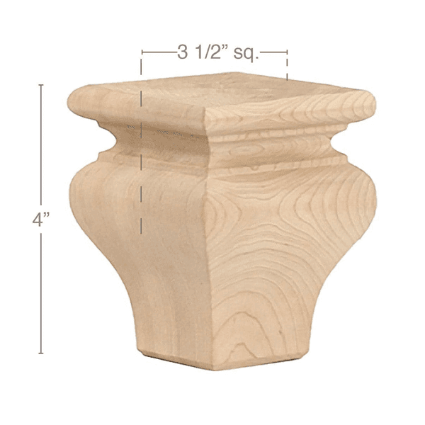 4" x 3-1/2" x 3-1/2" Classic Square Bun Foot, Alder
