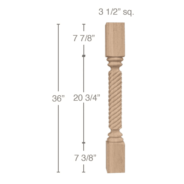 36" x 3-1/2" x 3-1/2" Classic Rope Island Column, Alder