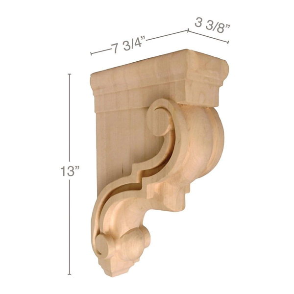 13" x 7-3/4" x 33/8" Bar Bracket Traditional Corbel, Maple