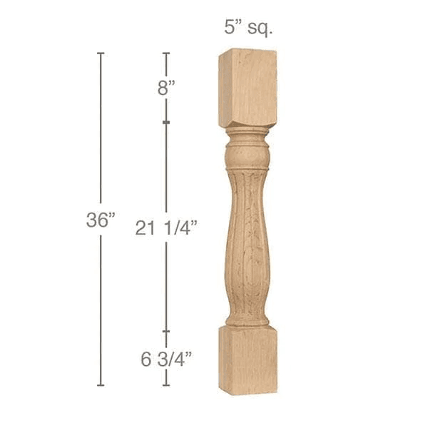 36" x 5" x 5" Traditional Fluted Island Column, Maple