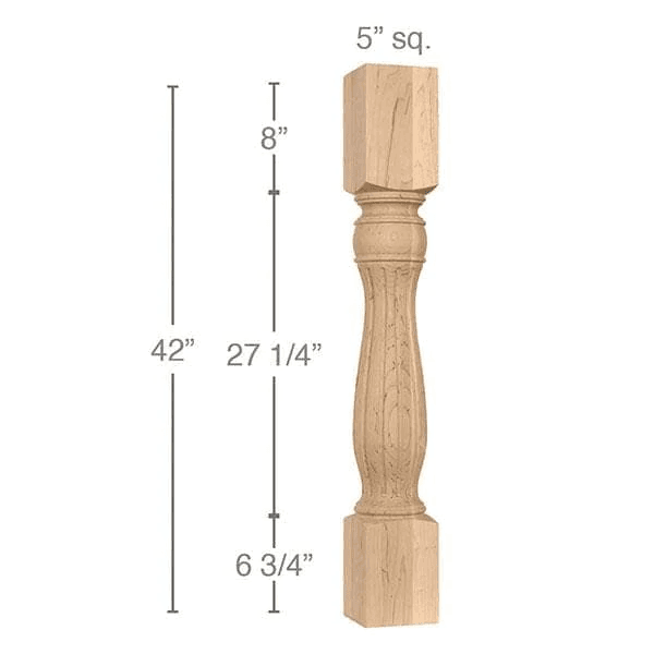 42" x 5" x 5" Traditional Fluted Bar Column, Maple