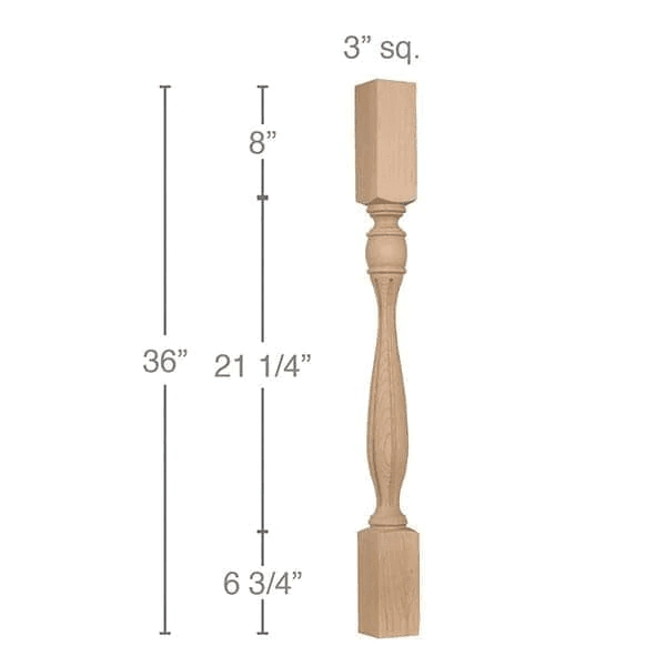 36" x 3" x 3" Traditional Fluted Island Column, Maple