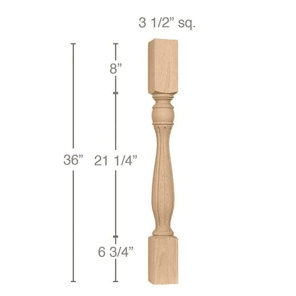 36" x 3-1/2" x 3-1/2" Traditional Fluted Island Column, Alder