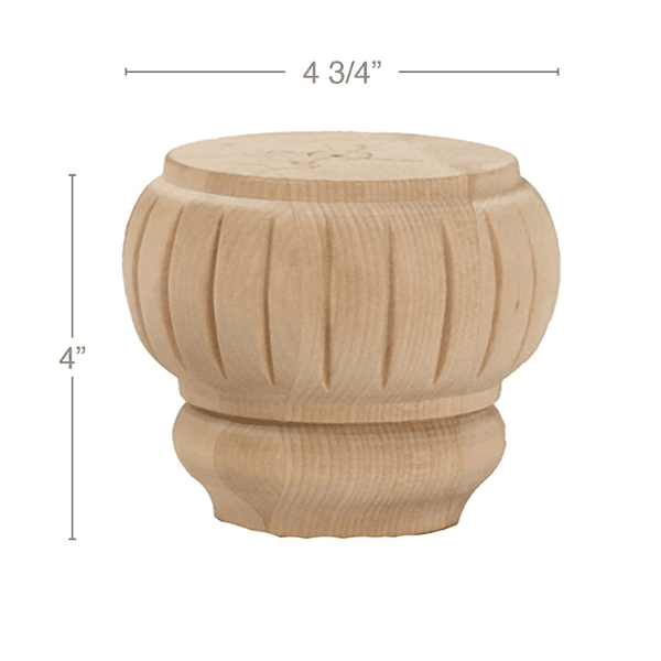 4" x 4-3/4" x 4-3/4" Traditional Reeded Bun Foot, Alder