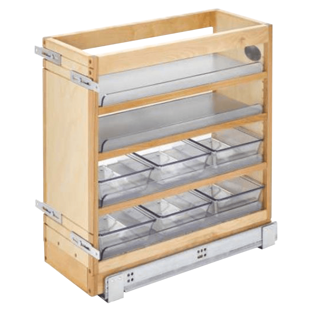 8-7/16" Pullout Organizer with 6 Polycarbonate Bins, Soft-Closing, Wood