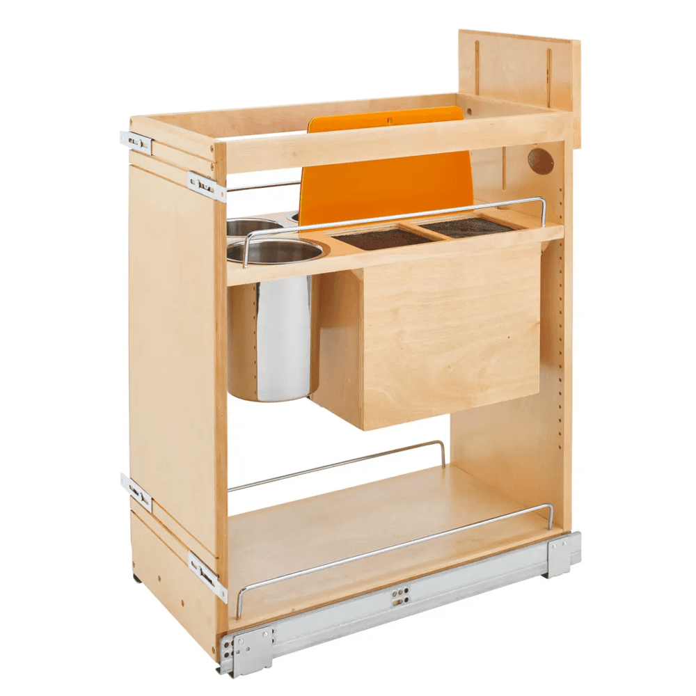 11" Pullout Wood Base Cabinet Organizer with Knife Block, Utensil Bins and BLUMOTION Soft-Close Slides