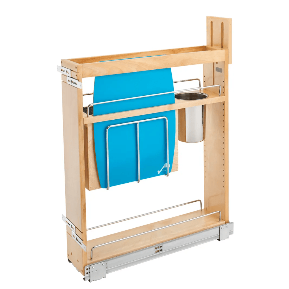 5" Pullout Wood Base Cabinet Organizer with Knife Block, Utensil Bins and BLUMOTION Soft-Close Slides