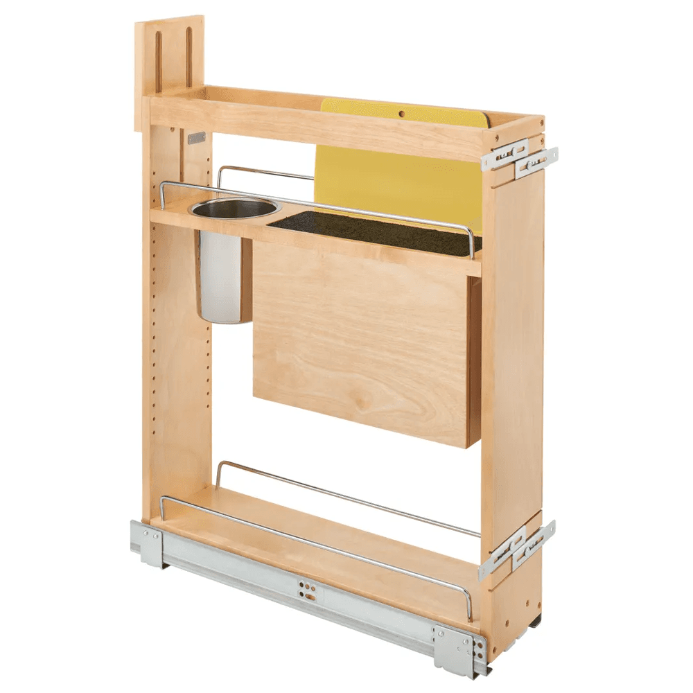 6" Pullout Wood Base Cabinet Organizer with Knife Block, Utensil Bins and BLUMOTION Soft-Close Slides
