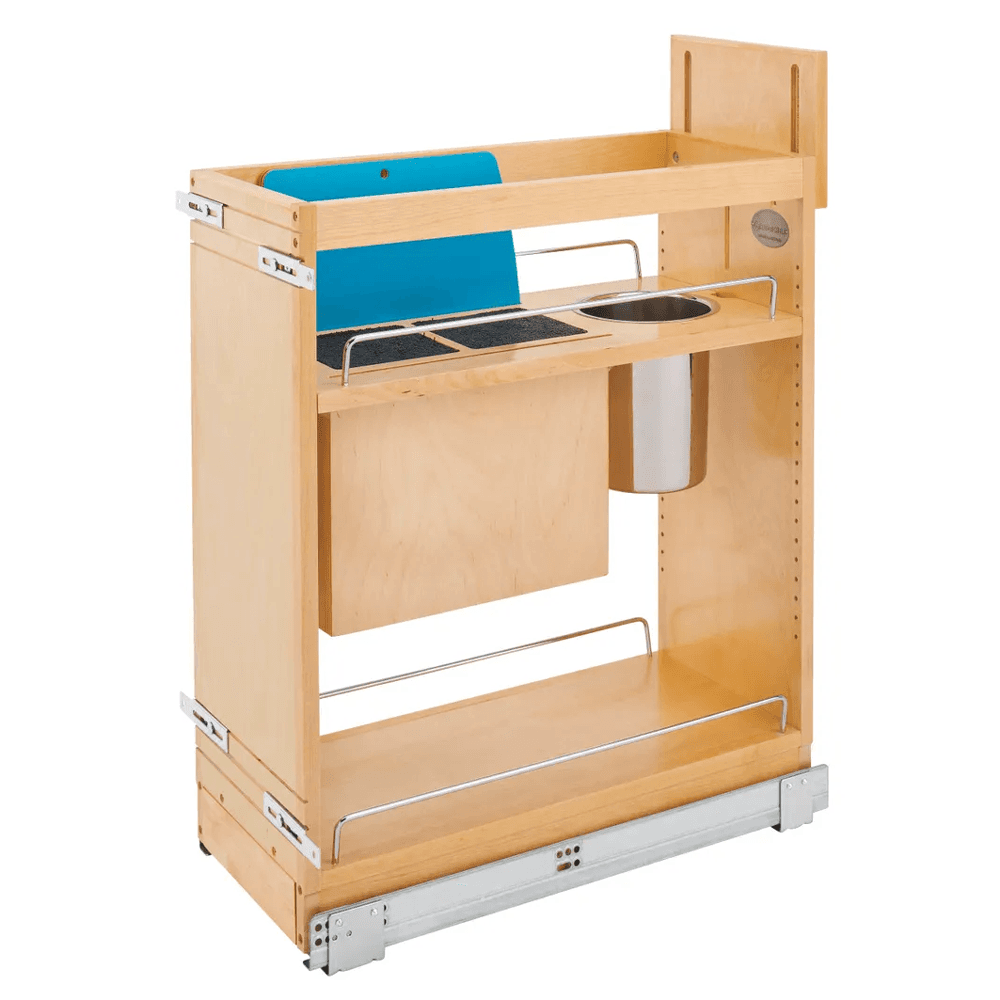 9" Pullout Wood Base Cabinet Organizer with Knife Block, Utensil Bins and BLUMOTION Soft-Close Slides