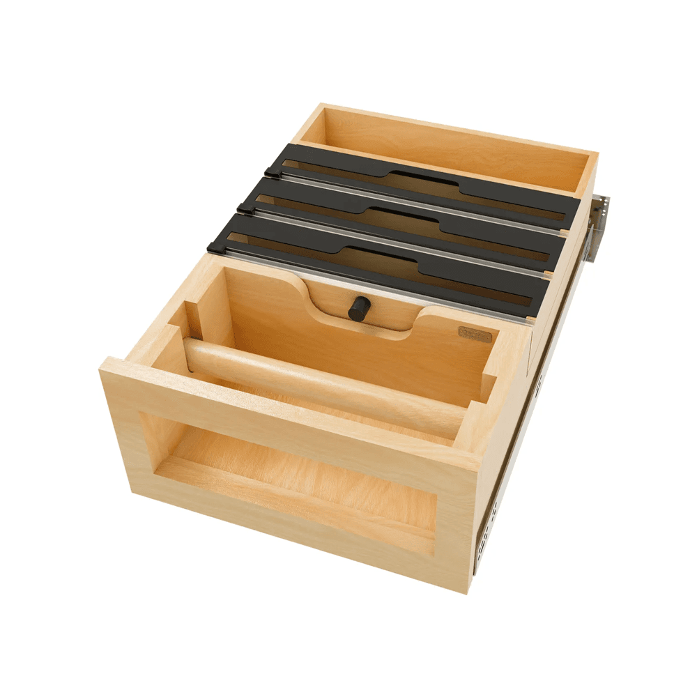 Paper Towel Drawer Pullout with Cutters for 18" Base Cabinets, Blumotion Soft-Closing, Maple