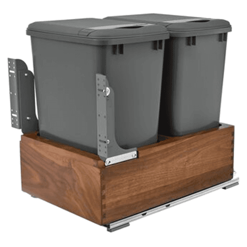 Double 50 QT Bottom-Mount Waste Container Pullout, Soft-Closing for 15" Cabinet Opening, Walnut