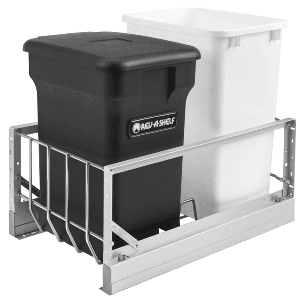 Double 24 QT/35 QT Bottom-Mount Waste Container Pullout with Soft-Closing, Black/White