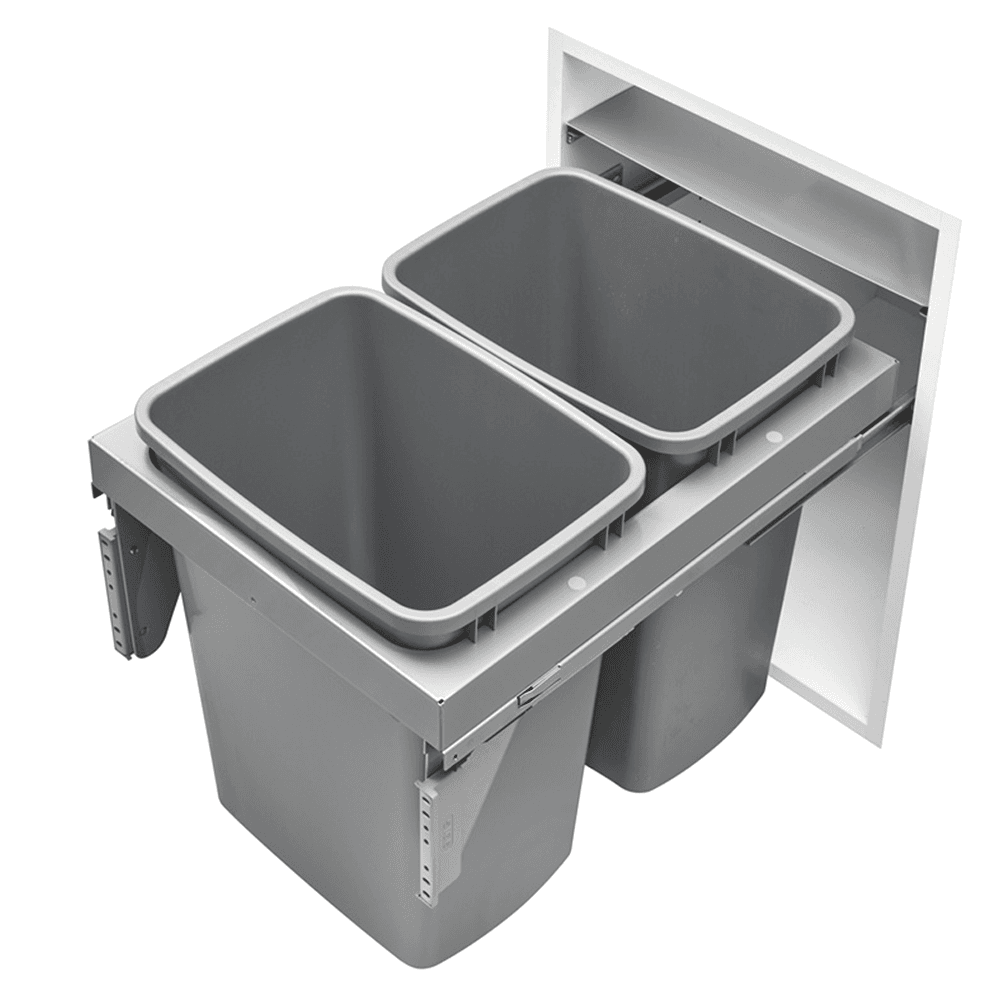 Double 35 QT Top-Mount Pull Out Waste Container, Soft-Closing for 18" Cabinet Opening, Gray