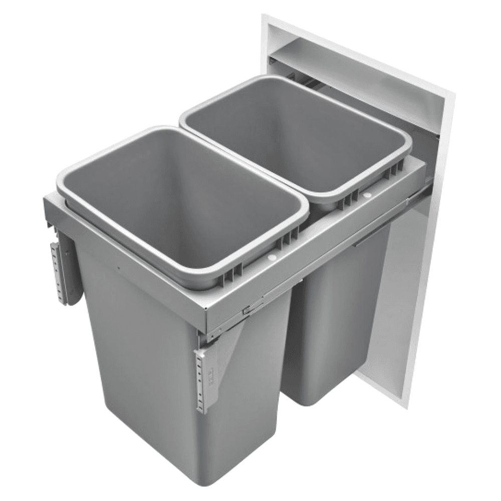 Double 50 QT Top-Mount Euro Waste Container for 16-1/2" Cabinet Opening, Metallic Silver
