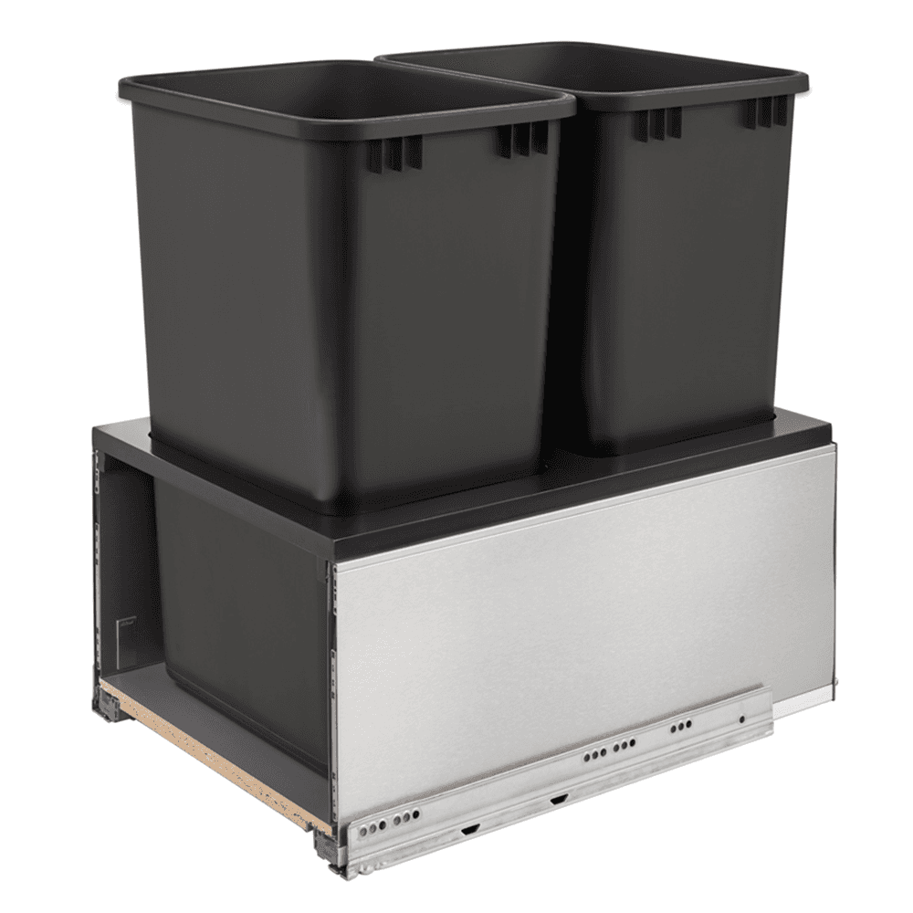 Double 50 QT Bottom-Mount LEGRABOX Pull Out Waste Container, BLUMOTION Soft-Closing, Black/Stainless Steel
