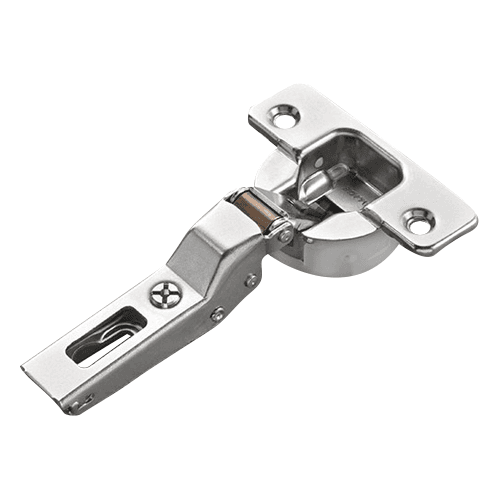 Series 200 94° Opening Thick Door Hinge, 45mm Bore Pattern, Silentia+ Soft-Closing, Half Overlay, Nickel-Plated, Dowelled